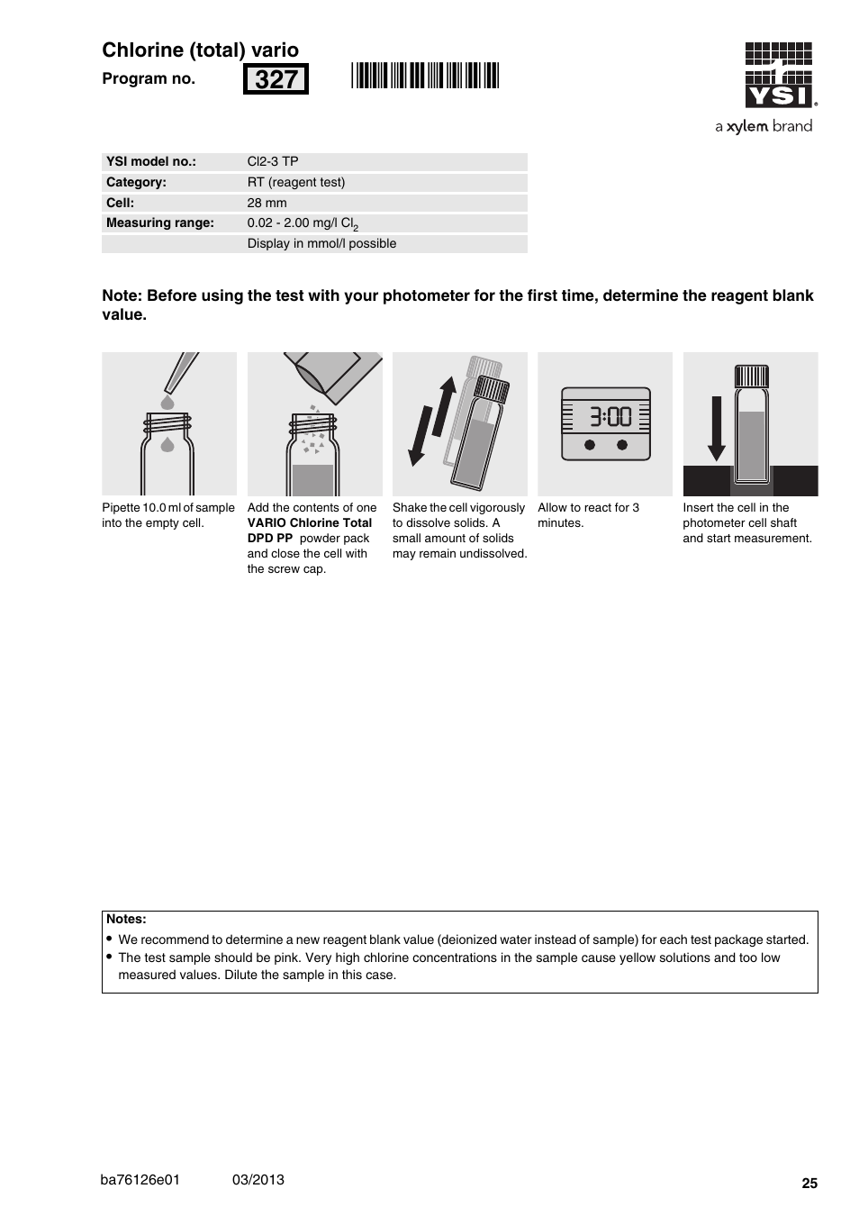 Chlorine (total) vario, Cl2-3 tp, 02 - 2.00 mg/l cl | 28 mm, Rn327, 00 chlorine (total) vario | YSI pHotoFlex Series User Manual | Page 25 / 64