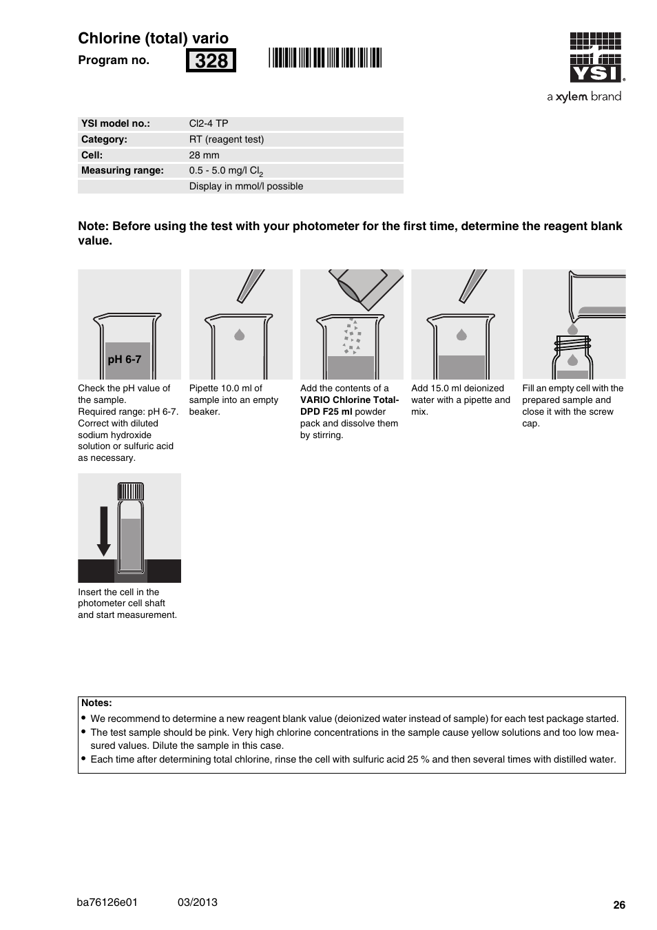 Chlorine (total) vario, Cl2-4 tp, 5 - 5.0 mg/l cl | 28 mm, Rn328 | YSI pHotoFlex Series User Manual | Page 26 / 64