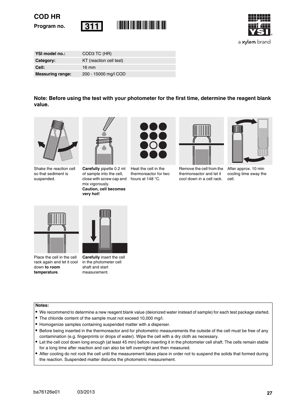 Cod hr, Cod3 tc (hr), 200 - 15000 mg/l cod | 16 mm, Rn311 | YSI pHotoFlex Series User Manual | Page 27 / 64