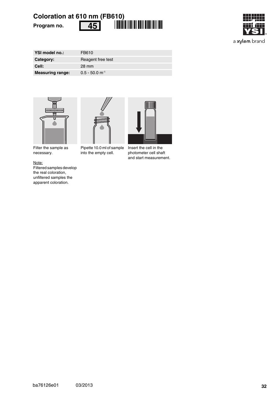 Coloration at 610 nm (fb610), Fb610, 5 - 50.0 m | 28 mm, Rn045 | YSI pHotoFlex Series User Manual | Page 32 / 64