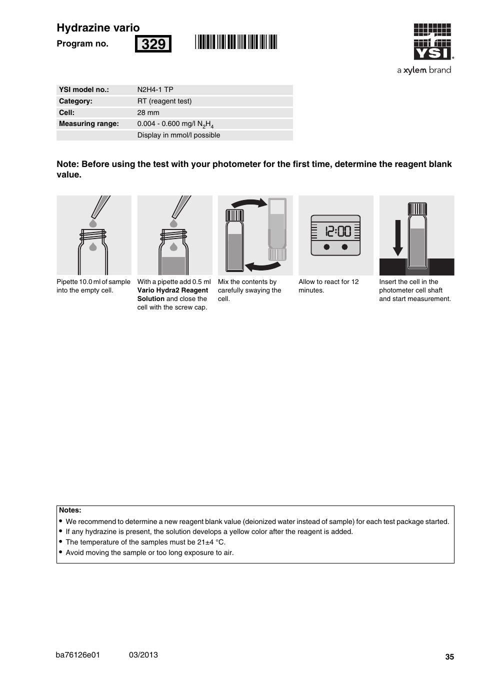 Hydrazine vario, N2h4-1 tp, 004 - 0.600 mg/l n | 28 mm, Rn329, 00 hydrazine vario | YSI pHotoFlex Series User Manual | Page 35 / 64