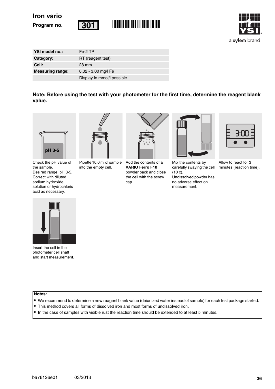 Iron vario, Fe-2 tp, 02 - 3.00 mg/l fe | 28 mm, Rn301, 00 iron vario | YSI pHotoFlex Series User Manual | Page 36 / 64