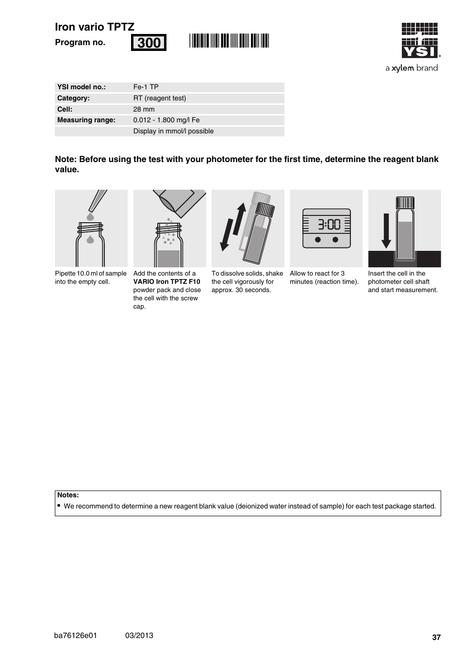 Iron vario tptz, Fe-1 tp, 012 - 1.800 mg/l fe | 28 mm, Rn300, 00 iron vario tptz | YSI pHotoFlex Series User Manual | Page 37 / 64