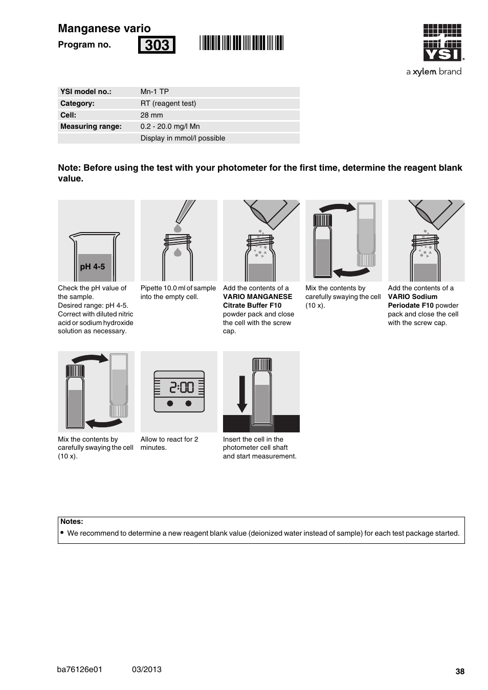 Manganese vario, Mn-1 tp, 2 - 20.0 mg/l mn | 28 mm, Rn303, 00 manganese vario | YSI pHotoFlex Series User Manual | Page 38 / 64
