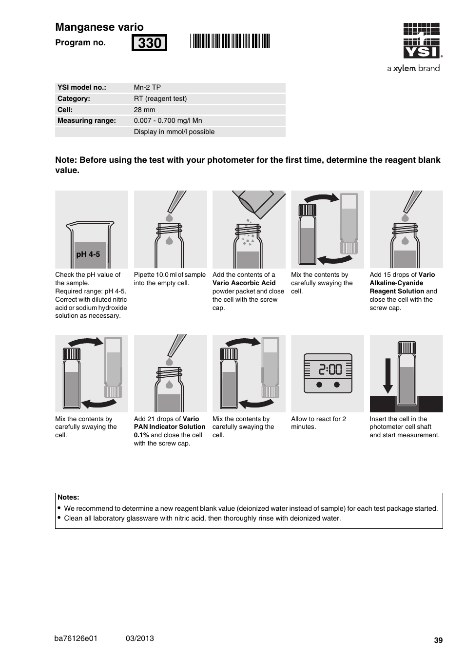 Manganese vario, Mn-2 tp, 007 - 0.700 mg/l mn | 28 mm, Rn330, 00 manganese vario | YSI pHotoFlex Series User Manual | Page 39 / 64