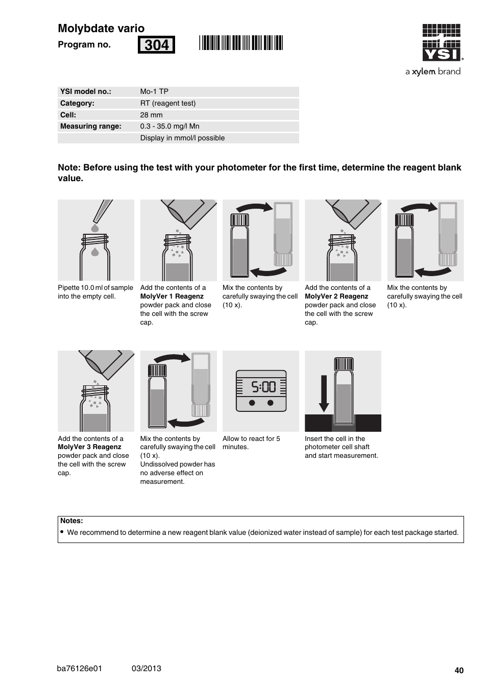 Molybdate vario, Mo-1 tp, 3 - 35.0 mg/l mn | 28 mm, Rn304, 00 molybdate vario | YSI pHotoFlex Series User Manual | Page 40 / 64