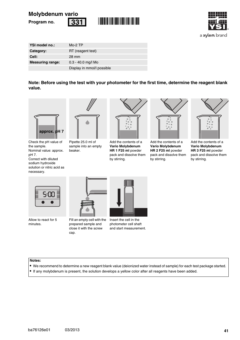 Molybdenum vario, Mo-2 tp, 3 - 40.0 mg/l mo | 28 mm, Rn331, 00 molybdenum vario | YSI pHotoFlex Series User Manual | Page 41 / 64