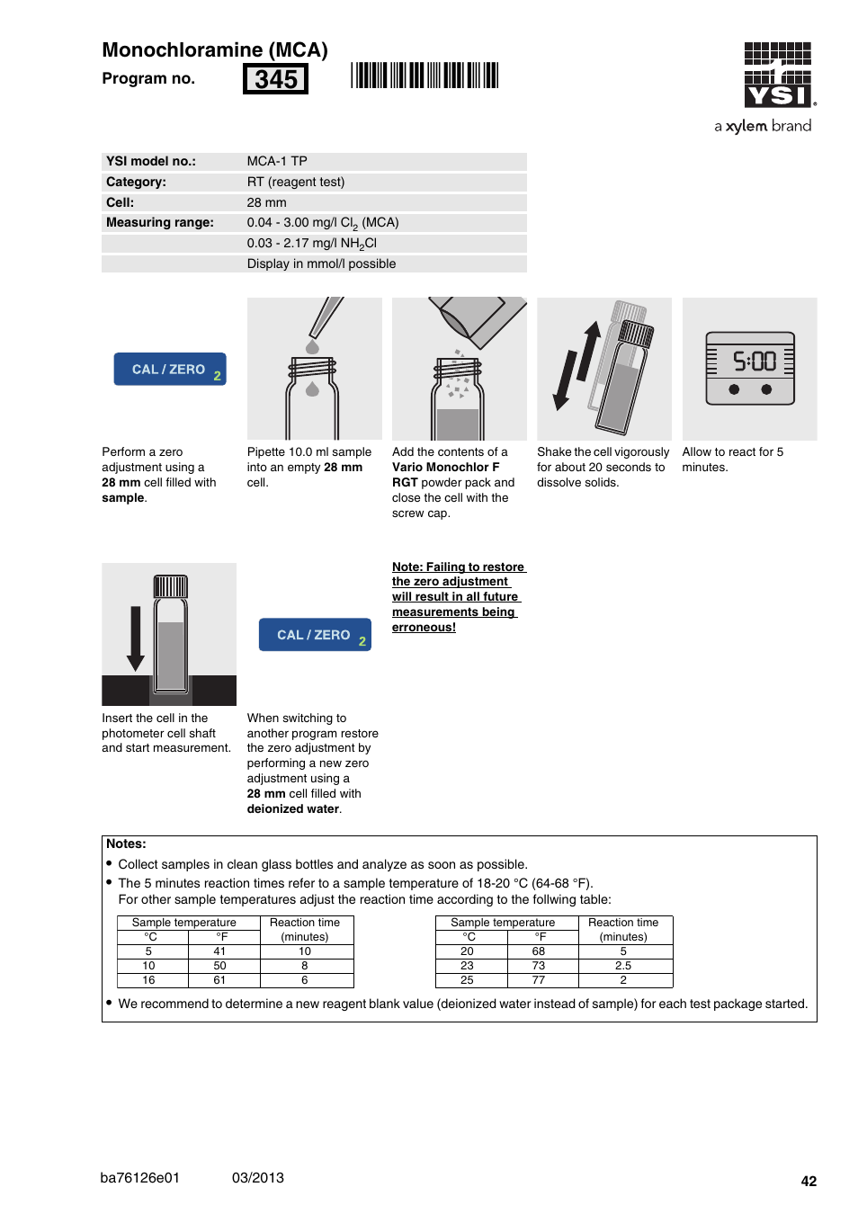 Monochloramine (mca), Mca-1 tp, 04 - 3.00 mg/l cl | Mca) 28 mm, Rn345 | YSI pHotoFlex Series User Manual | Page 42 / 64