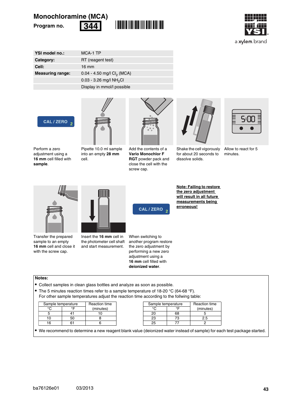 Monochloramine (mca), Mca-1 tp, 04 - 4.50 mg/l cl | Mca) 16 mm, Rn344 | YSI pHotoFlex Series User Manual | Page 43 / 64