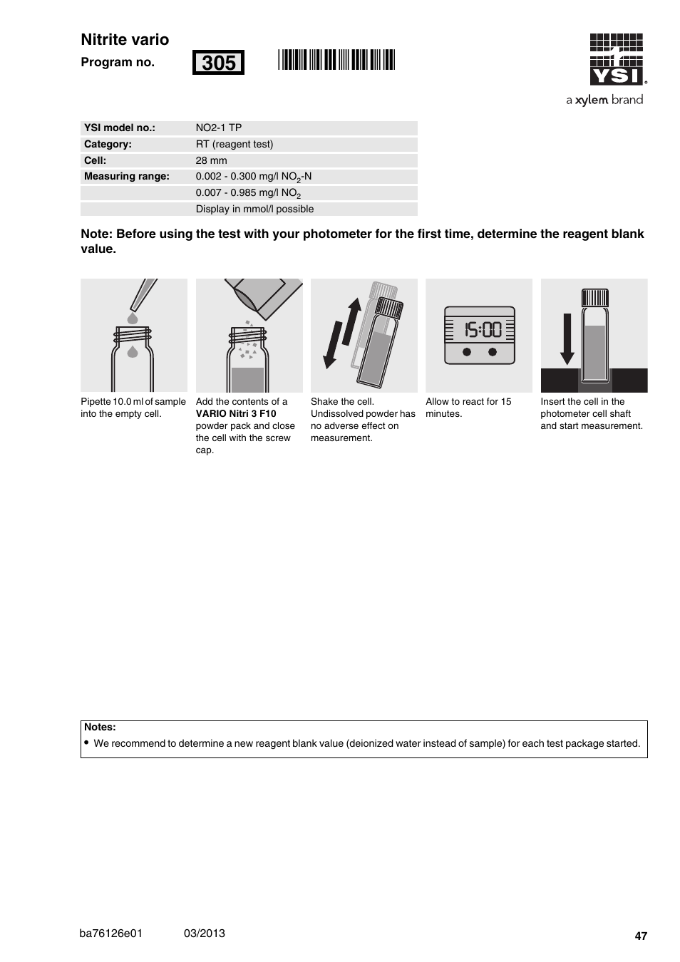 Nitrite vario, No2-1 tp, 002 - 0.300 mg/l no | 28 mm, Rn305, 00 nitrite vario | YSI pHotoFlex Series User Manual | Page 47 / 64