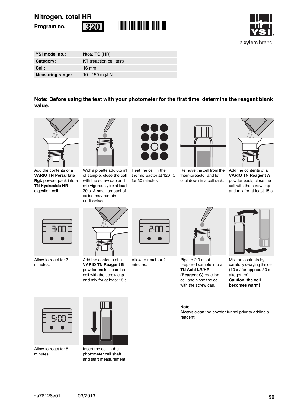 Nitrogen, total hr, Ntot2 tc (hr), 10 - 150 mg/l n | 16 mm, Rn320 | YSI pHotoFlex Series User Manual | Page 50 / 64