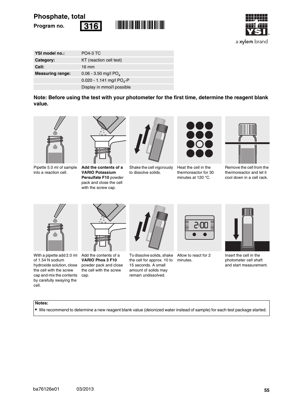 Phosphate, total, Po4-3 tc, 06 - 3.50 mg/l po | 16 mm, Rn316, 00 phosphate, total | YSI pHotoFlex Series User Manual | Page 55 / 64