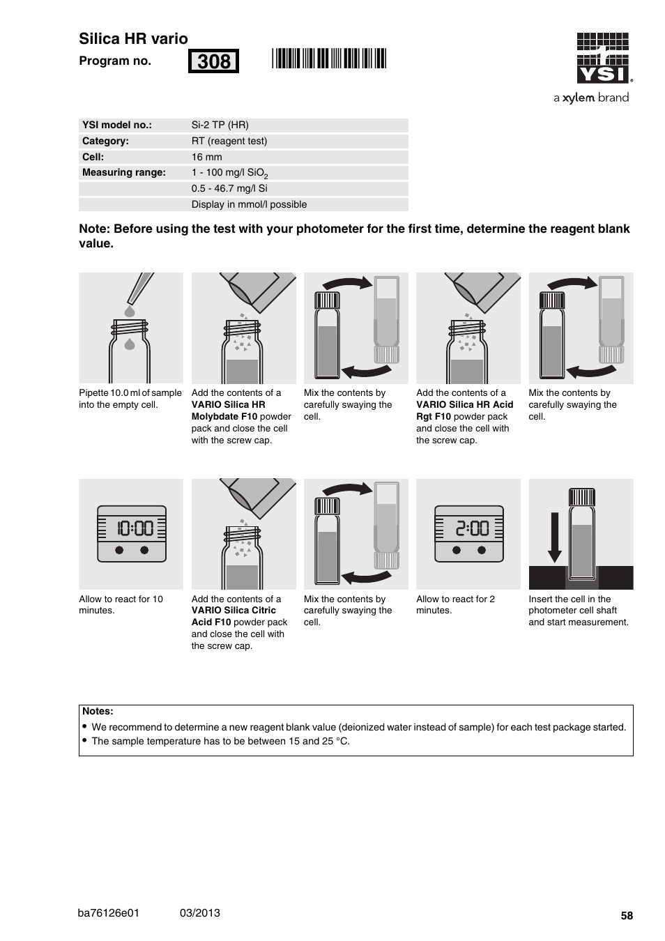 Silica hr vario, Si-2 tp (hr), 1 - 100 mg/l sio | 16 mm, Rn308 | YSI pHotoFlex Series User Manual | Page 58 / 64