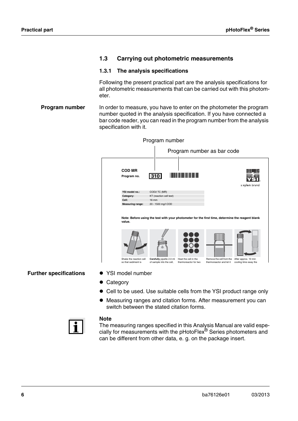 3 carrying out photometric measurements, 1 the analysis specifications, Carrying out photometric measurements 1.3.1 | The analysis specifications, Rn310, Program number program number as bar code | YSI pHotoFlex Series User Manual | Page 6 / 64