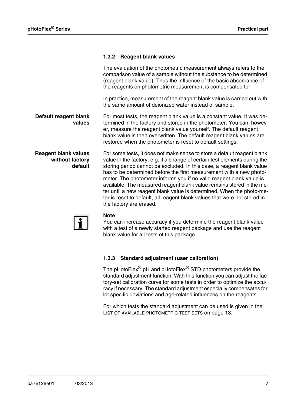 2 reagent blank values, 3 standard adjustment (user calibration), Reagent blank values | Standard adjustment (user calibration) | YSI pHotoFlex Series User Manual | Page 7 / 64