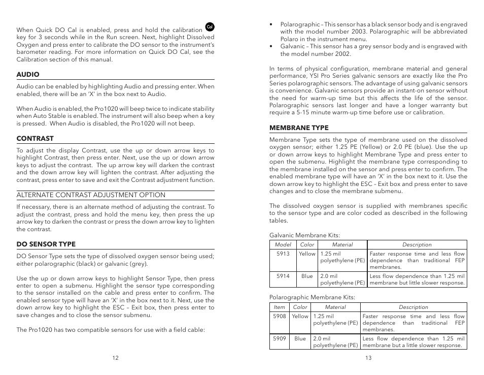 Audio, Contrast, Do sensor type | Membrane type, Audio contrast do sensor type membrane type | YSI Pro1020 User Manual | Page 10 / 26