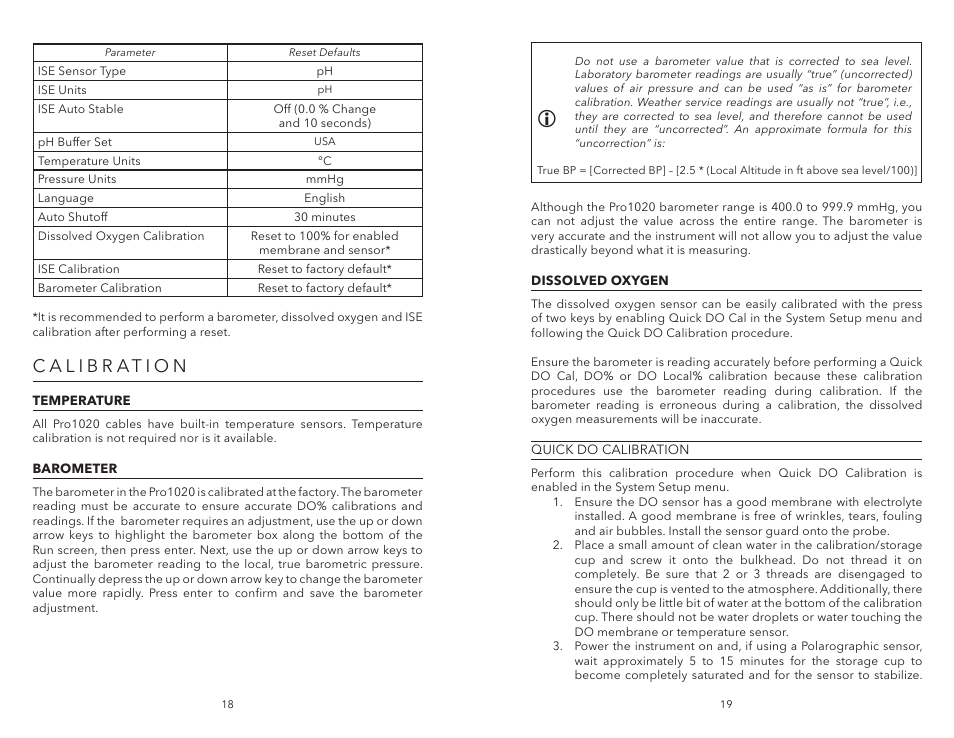 Calibration, Temperature, Barometer | Dissolved oxygen, Temperature barometer dissolved oxygen | YSI Pro1020 User Manual | Page 13 / 26