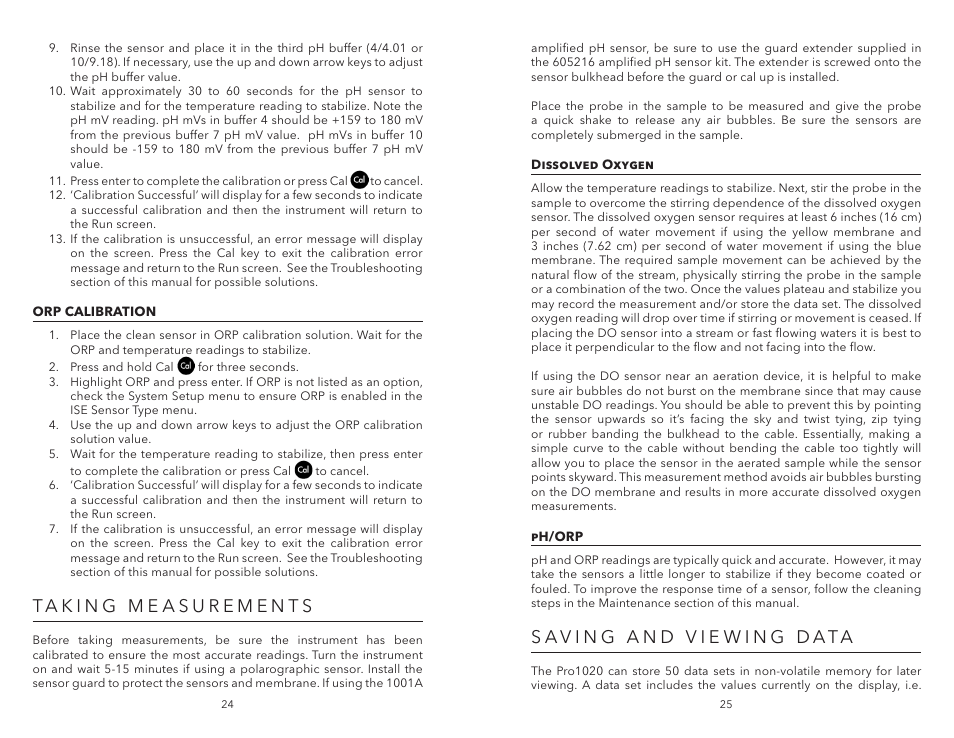 Orp calibration, Taking measurements, Dissolved oxygen | Ph/orp, Saving and viewing data, Dissolved oxygen ph/orp | YSI Pro1020 User Manual | Page 16 / 26