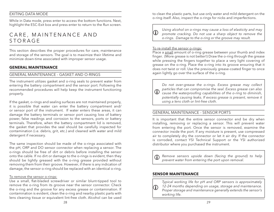 Care, maintenance and storage, General maintenance, Sensor maintenance | General maintenance sensor maintenance | YSI Pro1020 User Manual | Page 18 / 26