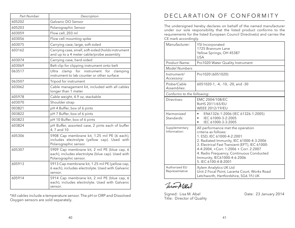 Declaration of conformity | YSI Pro1020 User Manual | Page 24 / 26