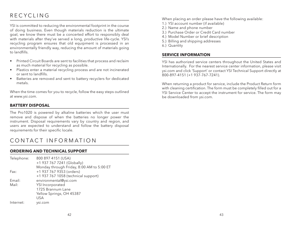 Recycling, Battery disposal, Contact information | Ordering and technical support, Service information, Ordering and technical support service information | YSI Pro1020 User Manual | Page 25 / 26