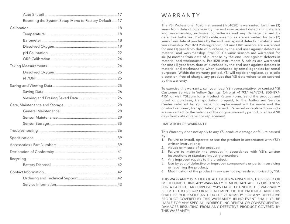 Warranty | YSI Pro1020 User Manual | Page 3 / 26