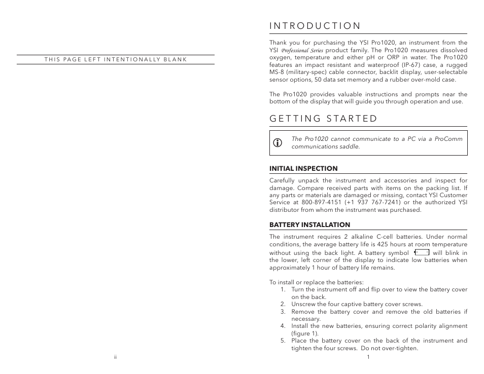 Introduction, Getting started, Initial inspection | Battery installation, Initial inspection battery installation | YSI Pro1020 User Manual | Page 4 / 26