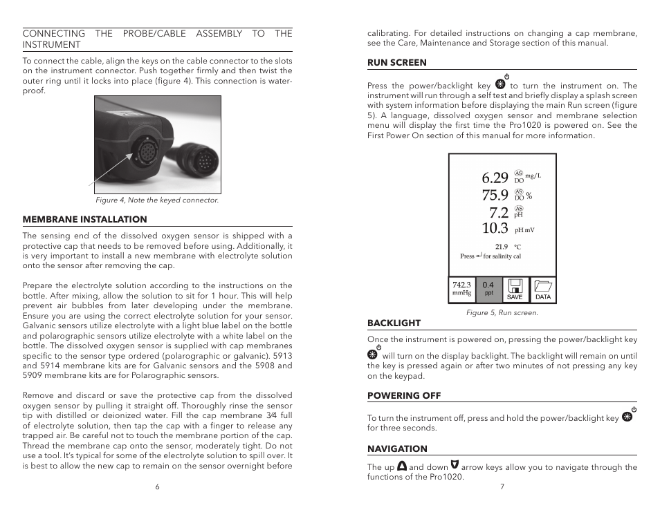 Membrane installation, Run screen, Backlight | Powering off, Navigation | YSI Pro1020 User Manual | Page 7 / 26