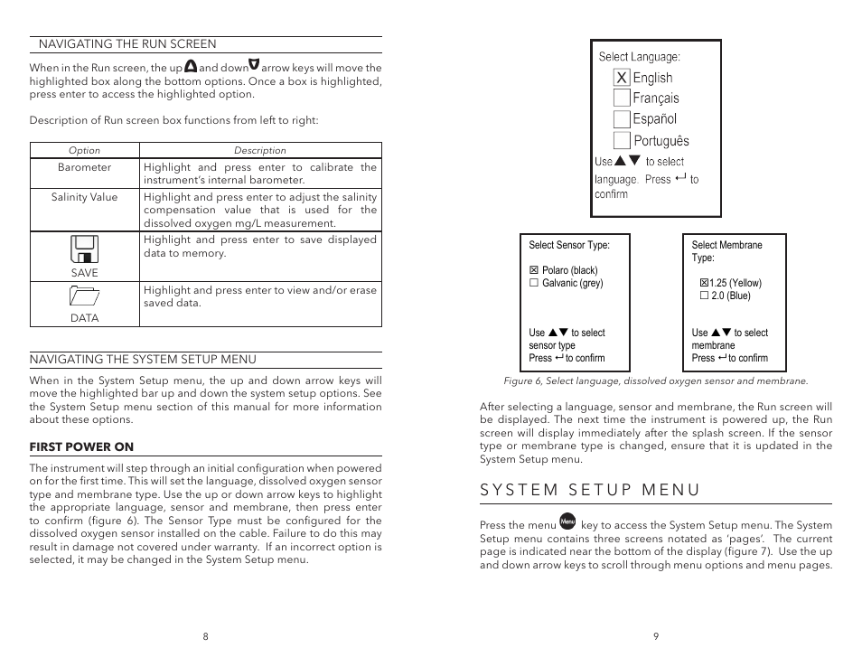 First power on, System setup menu | YSI Pro1020 User Manual | Page 8 / 26