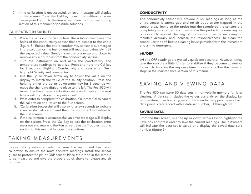 Taking measurements, Conductivity, Ph/orp | Saving and viewing data, Saving data, Conductivity ph/orp | YSI Pro1030 User Manual | Page 14 / 21