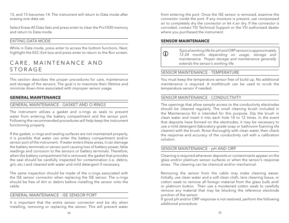 Care, maintenance and storage, General maintenance, Sensor maintenance | General maintenance sensor maintenance | YSI Pro1030 User Manual | Page 16 / 21
