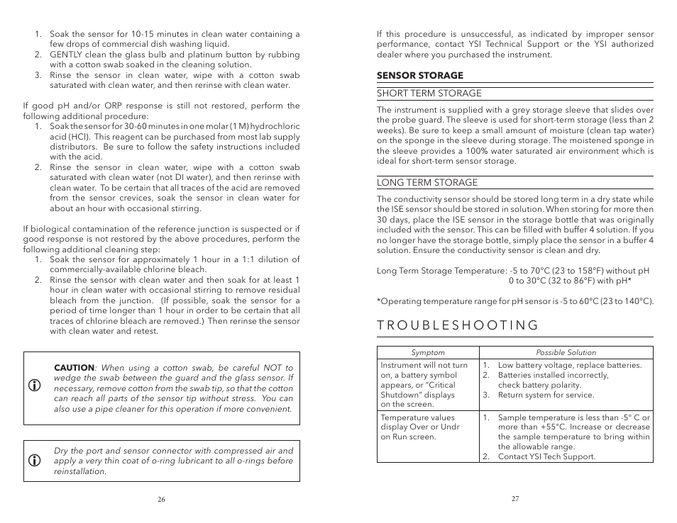 Sensor storage, Troubleshooting | YSI Pro1030 User Manual | Page 17 / 21