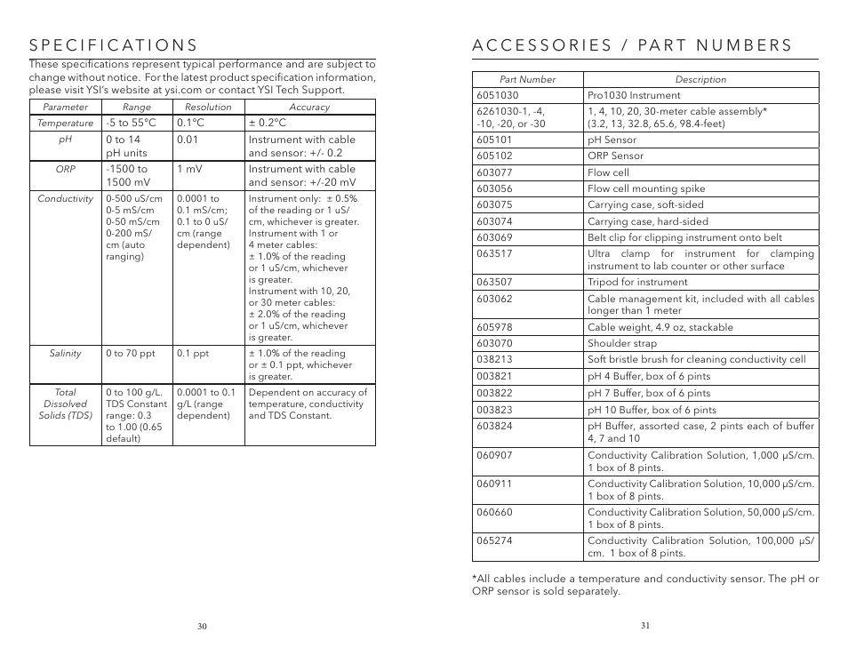 Specifications, Accessories / part numbers | YSI Pro1030 User Manual | Page 19 / 21
