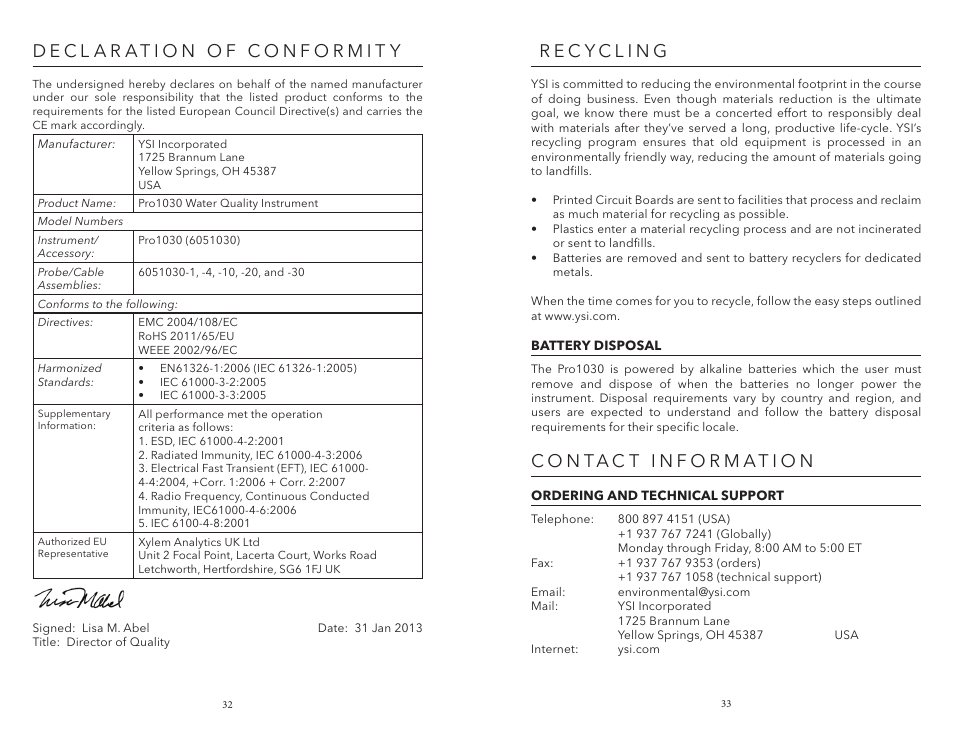 Declaration of conformity, Recycling, Battery disposal | Contact information, Ordering and technical support | YSI Pro1030 User Manual | Page 20 / 21