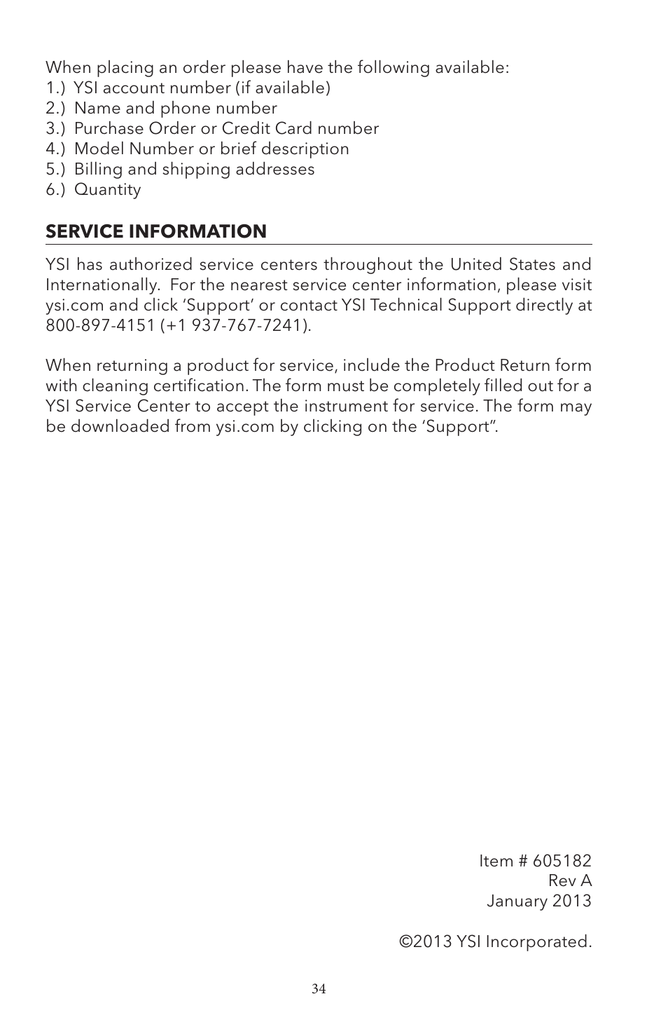 Service information | YSI Pro1030 User Manual | Page 21 / 21