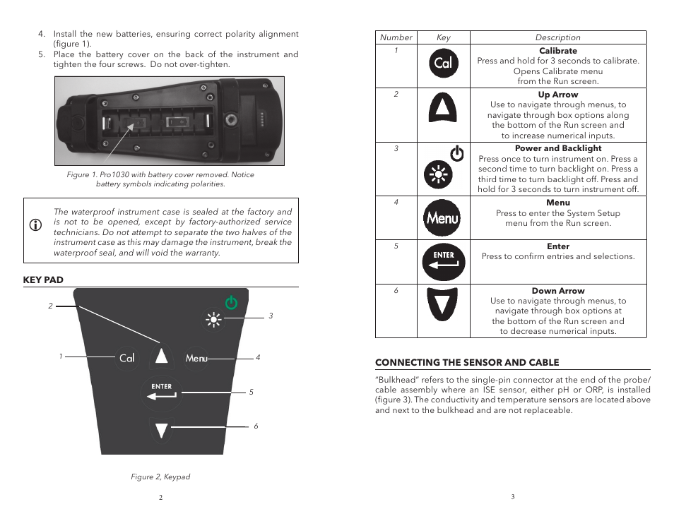 Key pad, Connecting the sensor and cable, Key pad connecting the sensor and cable | YSI Pro1030 User Manual | Page 5 / 21
