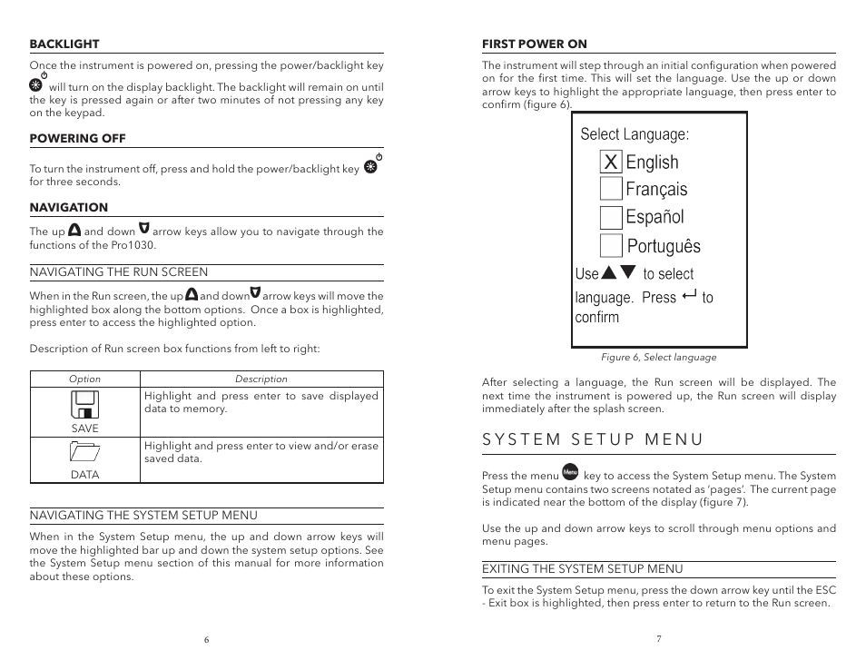 Backlight, Powering off, Navigation | First power on, System setup menu, Backlight powering off navigation first power on | YSI Pro1030 User Manual | Page 7 / 21