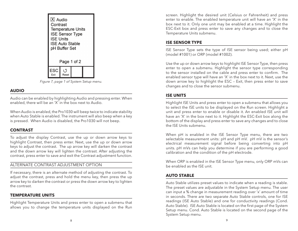 Audio, Contrast, Temperature units | Ise sensor type, Ise units, Auto stable | YSI Pro1030 User Manual | Page 8 / 21