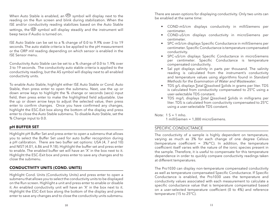 Ph buffer set, Conductivity units (cond. units), Ph buffer set conductivity units (cond. units) | YSI Pro1030 User Manual | Page 9 / 21