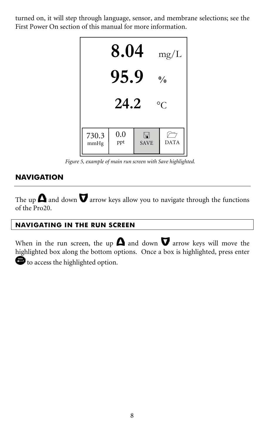 Navigation, Navigating in the run screen | YSI Pro20 User Manual | Page 12 / 43
