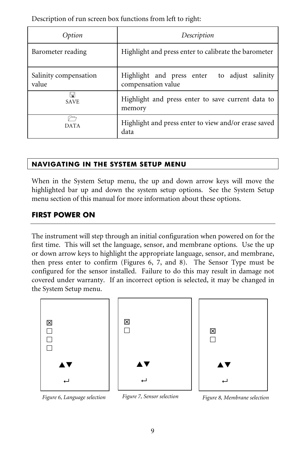 Navigating in the system setup menu, First power on | YSI Pro20 User Manual | Page 13 / 43