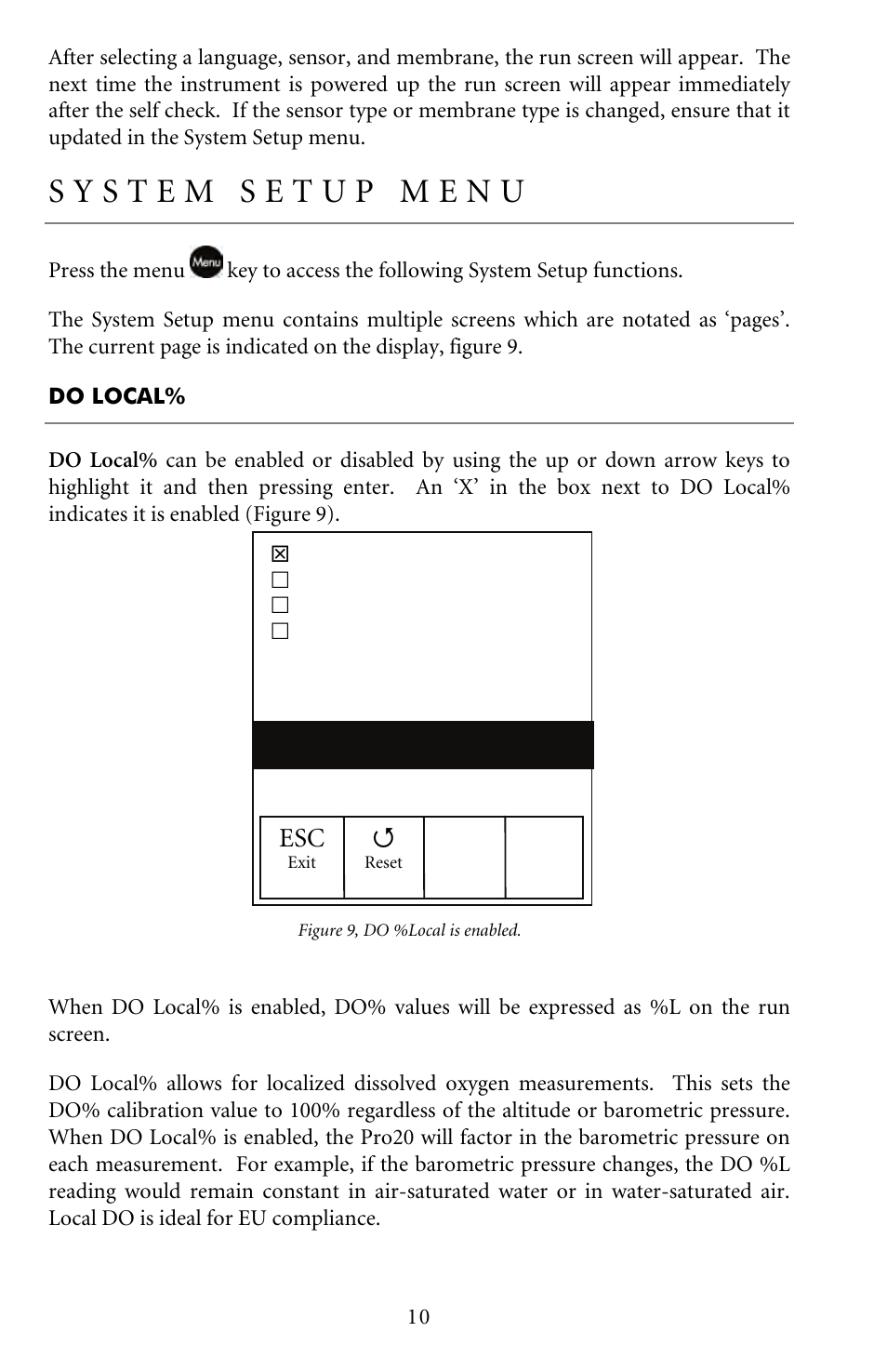 Do local, System setup menu, Esc 4 | YSI Pro20 User Manual | Page 14 / 43