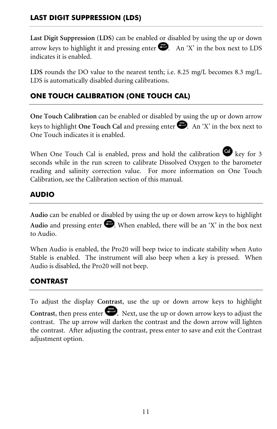 Last digit suppression (lds), One touch calibration (one touch cal), Audio | Contrast | YSI Pro20 User Manual | Page 15 / 43