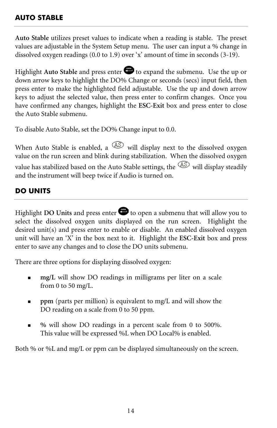 Auto stable, Do units | YSI Pro20 User Manual | Page 18 / 43