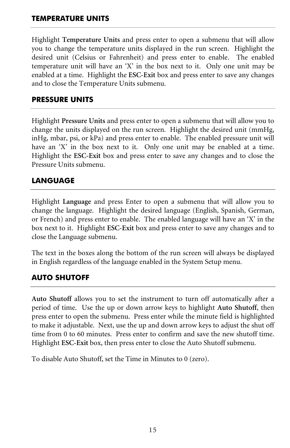 Temperature units, Pressure units, Language | Auto shutoff | YSI Pro20 User Manual | Page 19 / 43