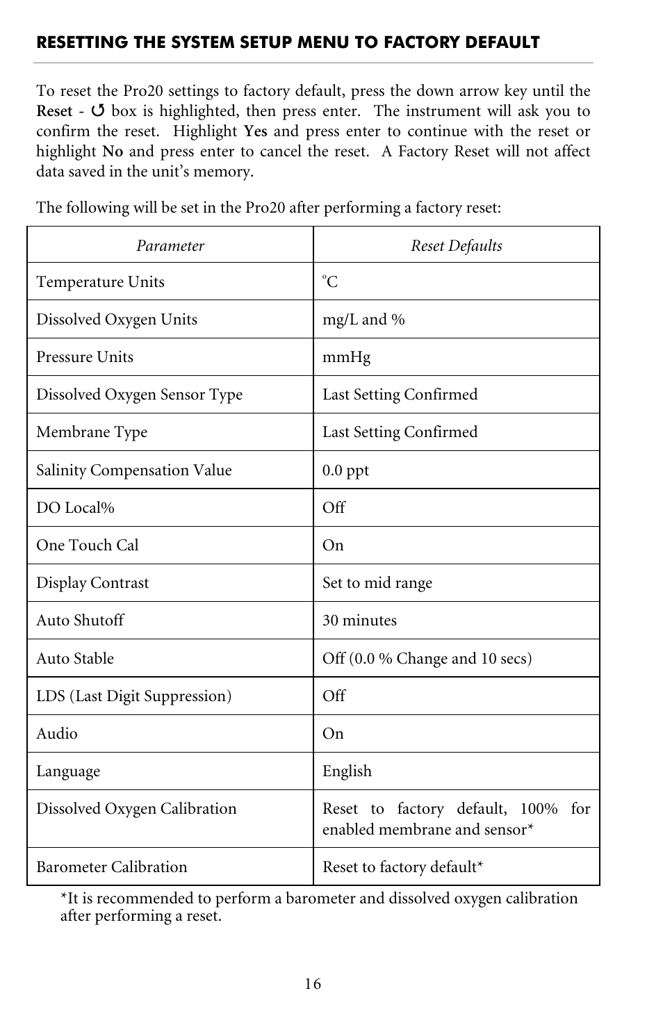Resetting the system setup menu to factory default | YSI Pro20 User Manual | Page 20 / 43