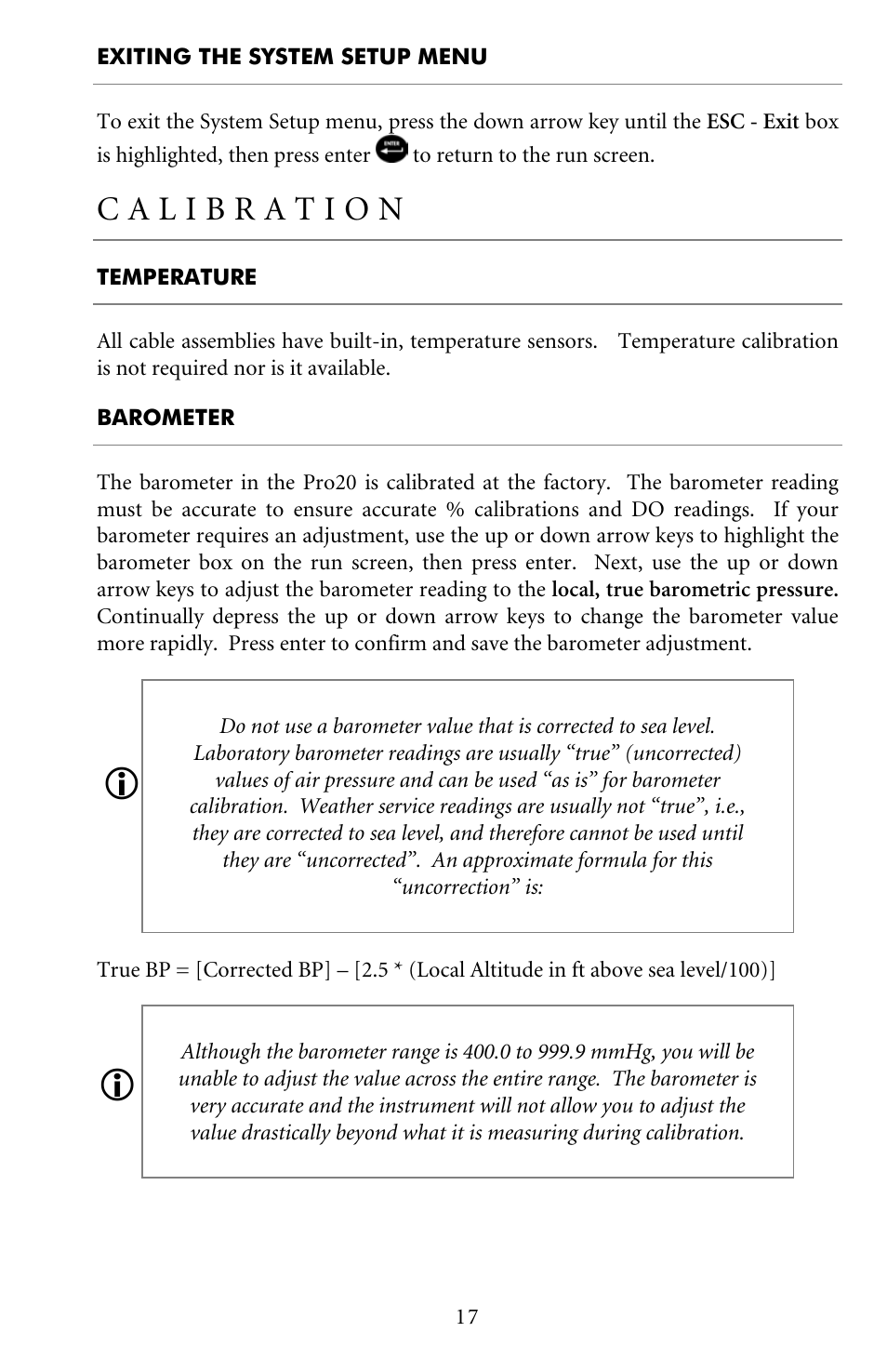 Exiting the system setup menu, Temperature, Barometer | Calibration | YSI Pro20 User Manual | Page 21 / 43
