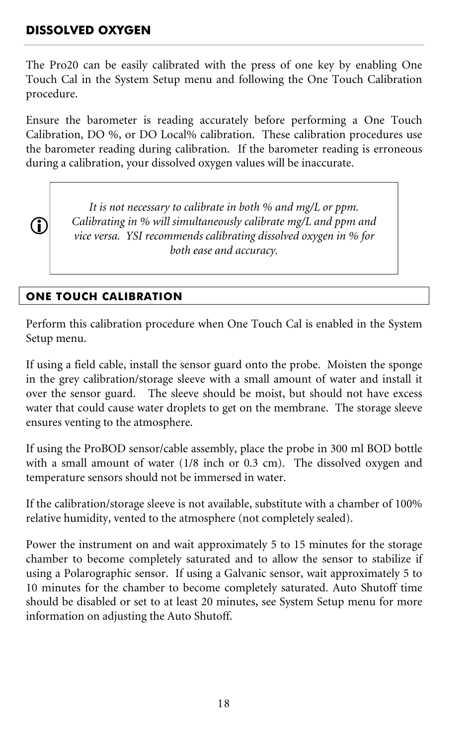 Dissolved oxygen, One touch calibration | YSI Pro20 User Manual | Page 22 / 43