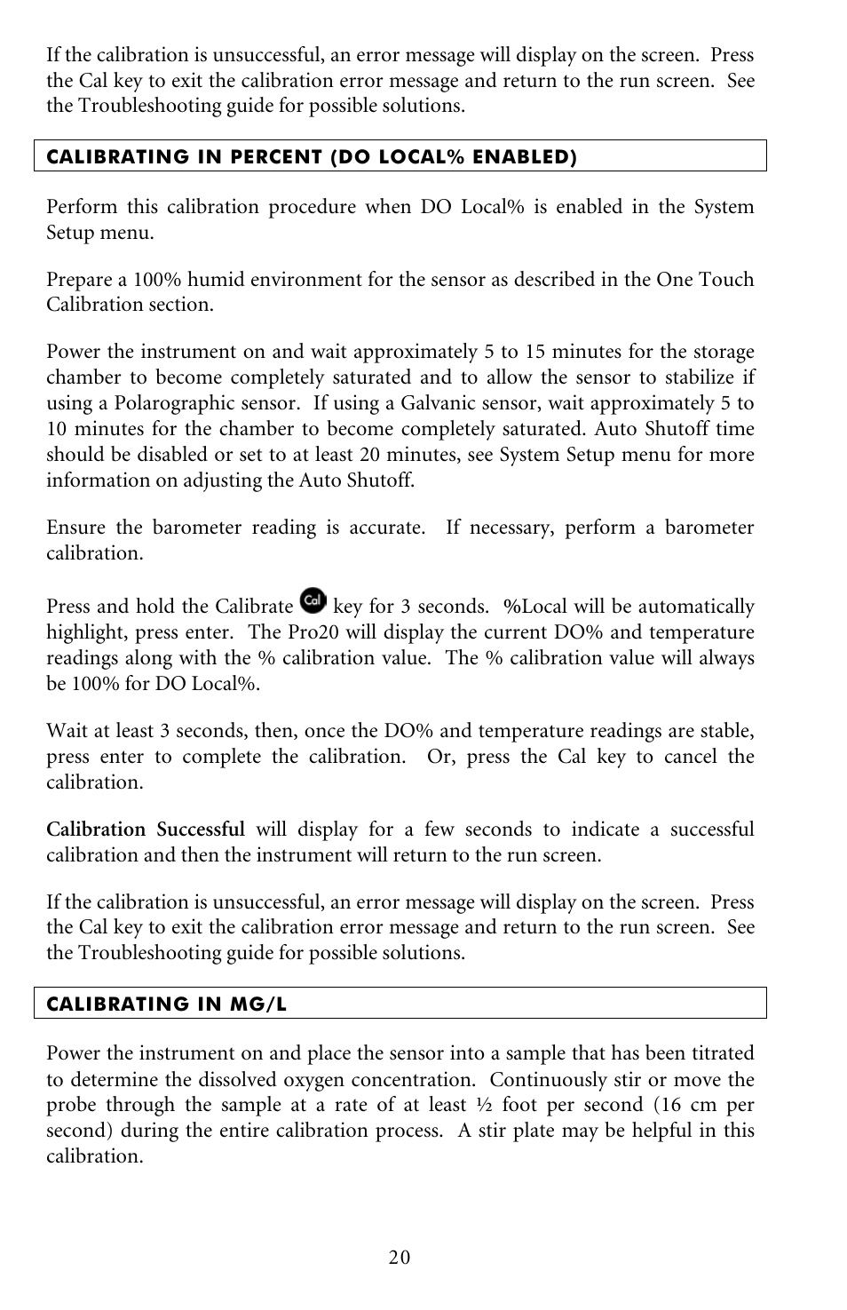 Calibrating in percent (do local% enabled), Calibrating in mg/l | YSI Pro20 User Manual | Page 24 / 43