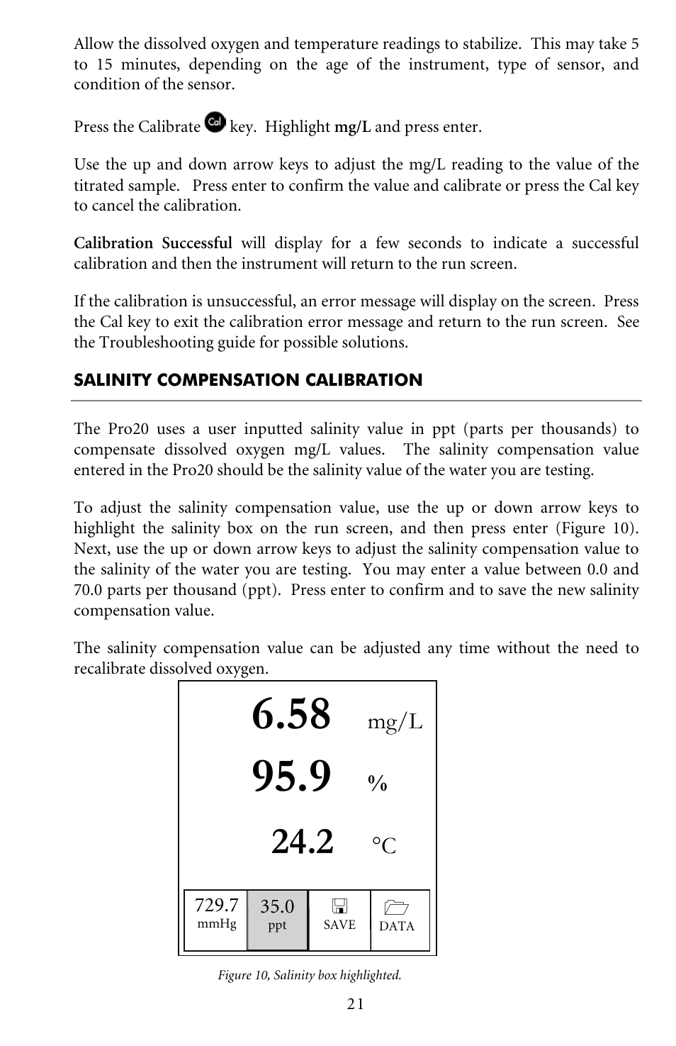 Salinity compensation calibration | YSI Pro20 User Manual | Page 25 / 43